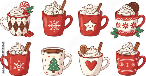 Christmas Hot Chocolate Mug Vector Set with Festive Decorations, Whipped Cream, Gingerbread, and Holiday-Themed Designs