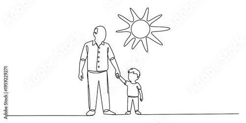 Minimalist continuous line drawing of a grandfather holding his grandson's hand under a bright sun.