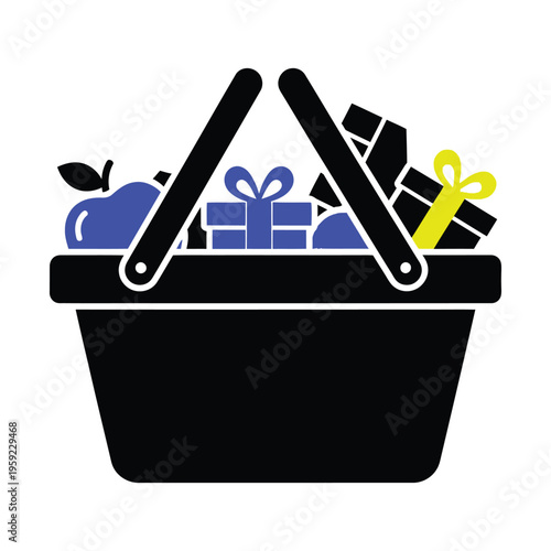 A black shopping basket filled with an assortment of blue fruits and various gift boxes, some with blue ribbons and one with a yellow ribbon, on a white background.