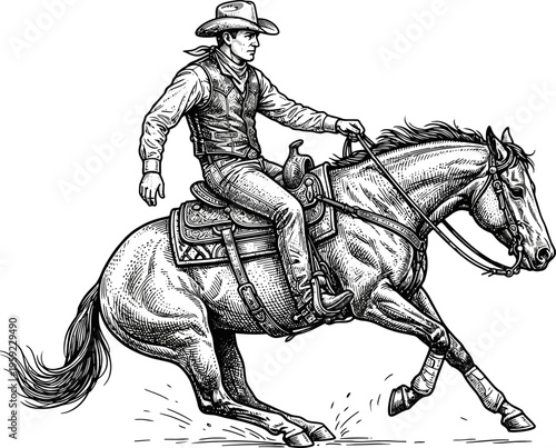 Cowboy performing a sliding stop on a quarter horse