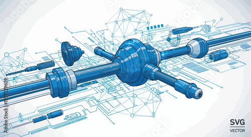 Futuristic Blue Mechanical Assembly Blueprint with Digital Network Lines