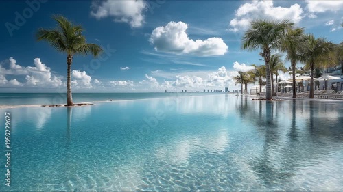 Tranquil infinity pool scene with palm trees under a bright blue sky