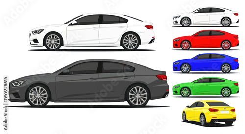 Modern Sedan Cars Collection: White, Grey, Red, Blue, Green, Yellow - Isolated