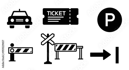 Collection of black and white icons representing transportation and access control elements