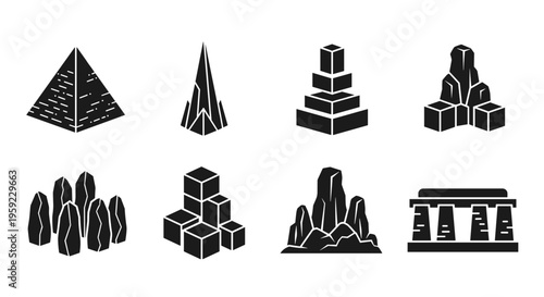 Collection of stylized ancient monuments and geological formations in isometric view
