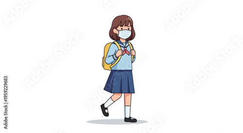 Schoolgirl wearing face mask with backpack, walking isolated on white background