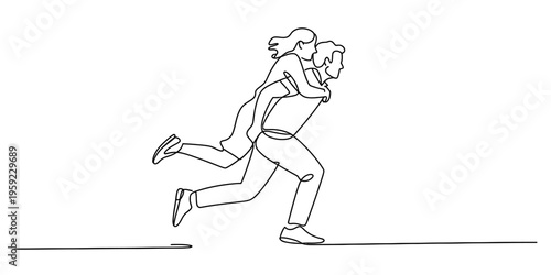 Continuous line drawing of a happy man giving his girlfriend a piggyback ride while running fast.