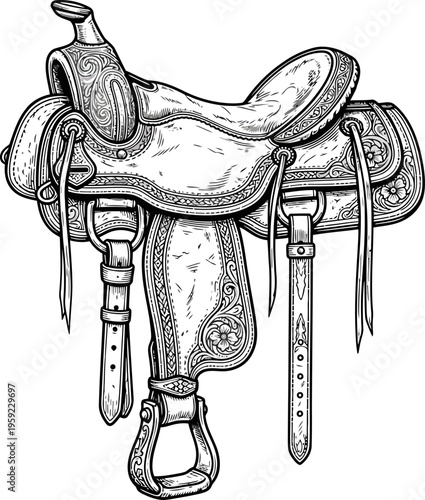 Detailed western horse saddle with floral leather carvings