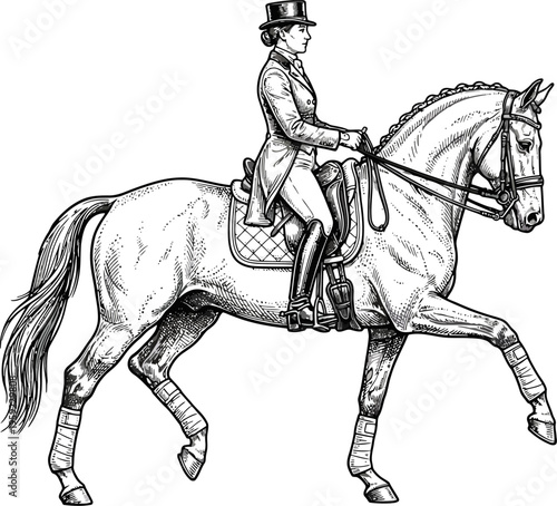 Dressage rider in top hat performing horse trot