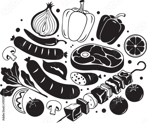 Captivating vector graphic illustration presents a delightful circular arrangement of classic barbecue and grill ingredients featuring a juicy steak hearty sausages a flavorful shish kebab