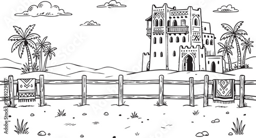 Black and white vector illustration depicting a magnificent traditional desert kasbah fortress dominating the background above rolling sand dunes and a low wooden fence adorned with patterned rugs