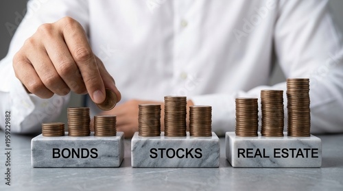 investment, stocks, real estate, bonds, finance, savings, wealth management concept with hand stacking coins on marble blocks for portfolio diversification and strategic growth.