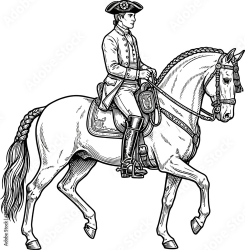 Eighteenth century gentleman riding a horse in formal gait