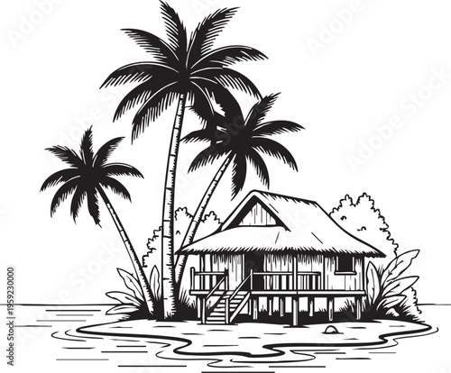 Tropical island hut vector graphic depicts a small wooden dwelling elevated on stilts surrounded by lush stylized vegetation and three prominent palm trees above gently rippling water