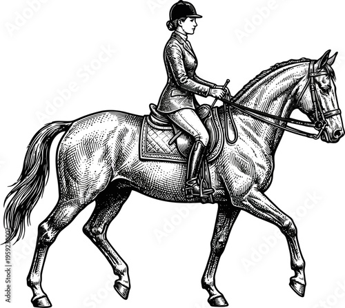 Elegant equestrian woman riding a horse in formal dressage style