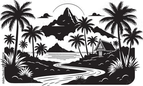 Striking black and white vector illustration presents a picturesque tropical island panorama showcasing an inviting A-frame house nestled charmingly among lush palm trees on a serene beach beside