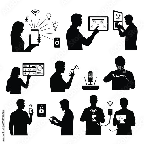Smart home automation system and internet of things silhouettes with various device icons