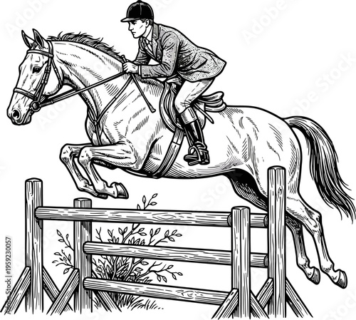 Equestrian athlete jumping over a wooden fence hurdle