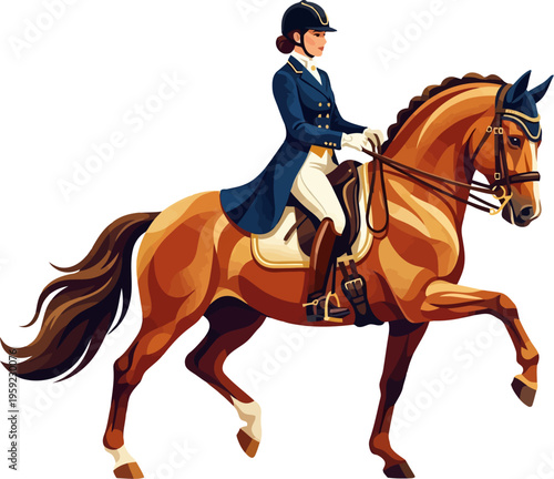 Equestrian athlete performing dressage with brown horse