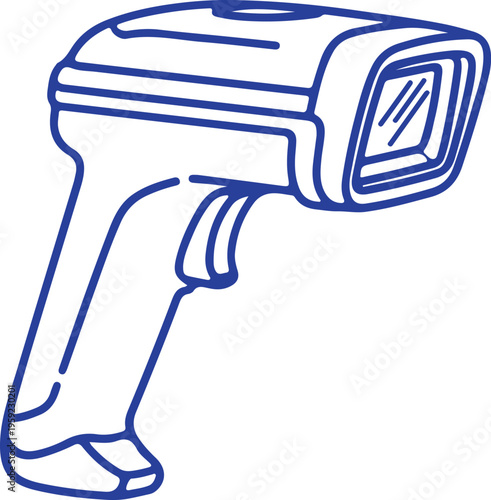Handheld barcode scanner illustration, blue line art on white background