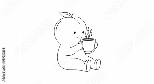 Cute Peach Character Enjoying a Hot Drink in a Cozy Illustration