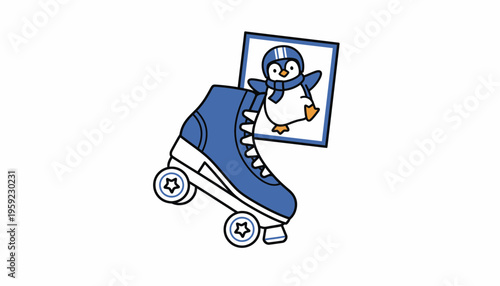 Cute Penguin Character on Roller Skate with Helmet, Fun Cartoon Illustration