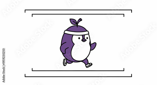 Cute Purple Penguin Character Running with Headband and Leaf Accent