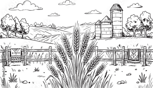 This captivating hand-drawn vector illustration portrays a serene countryside farm landscape featuring ripening wheat stalks prominently in the foreground, a rustic wooden fence adorned