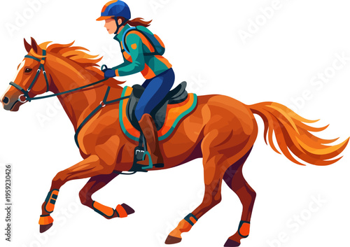 Female equestrian galloping in athletic gear