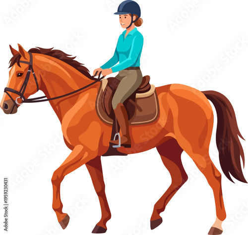Female equestrian riding brown horse in english gear