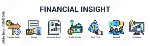 Financial Insight web banner icon vector illustration featuring Financial Guide,Budget,Financial Report,Profit Growth,Best Price,Demand,and Evaluation