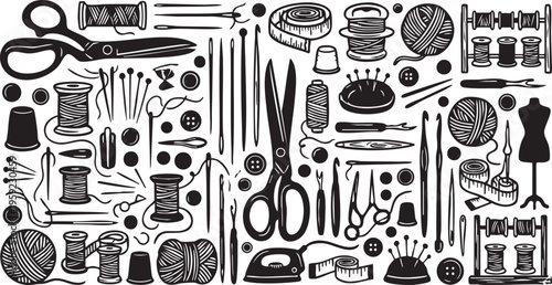 Collection of essential sewing and tailoring tools is meticulously arranged in this versatile and engaging black and white vector graphic illustration, showcasing a comprehensive array