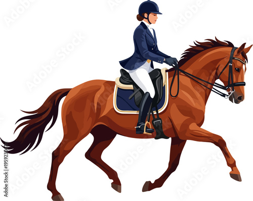 Female rider in navy jacket on chestnut horse