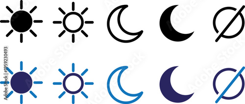 sun and moon icons for day and night mode interface toggles weather symbols for web and mobile apps