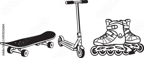 Black and white vector illustration displays three popular wheeled items for recreation featuring a skateboard a folding scooter and a pair of inline roller skates suitable for representing action
