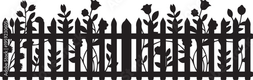 black silhouette of a picket fence with flowers and leaves against white background, garden decoration, nature, outdoors, illustration