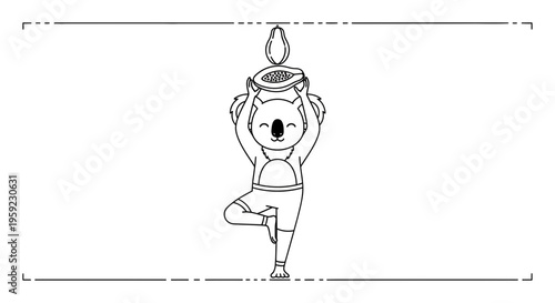 Cute Koala Doing Yoga Tree Pose with Papaya on Head, Healthy Lifestyle