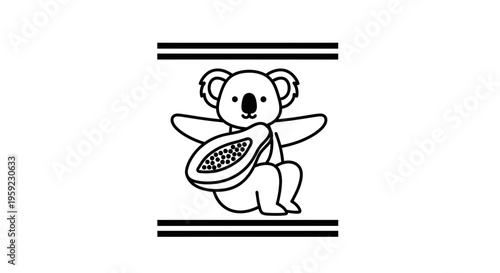Cute Koala Holding Papaya Slice, Outline Drawing, Vector Illustration