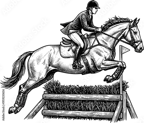 Leaping show jumping horse clearing a brush fence