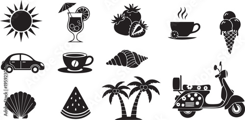 Comprehensive collection of diverse black silhouette vector graphic icons features popular elements like a bright sun, refreshing cocktail, ripe strawberries, steaming coffee, delightful ice cream