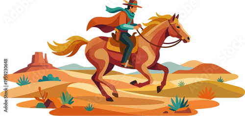 Lone rider traversing a desert canyon landscape