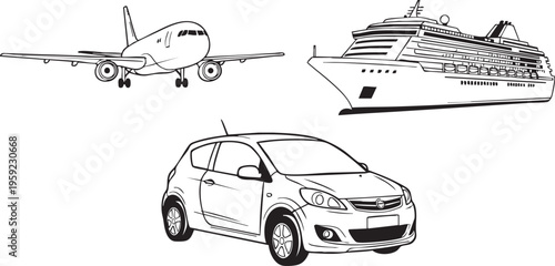 Vector graphic illustration presents a clear and detailed black and white outline collection of three distinct modern transportation methods showcasing an passenger airplane preparing for flight