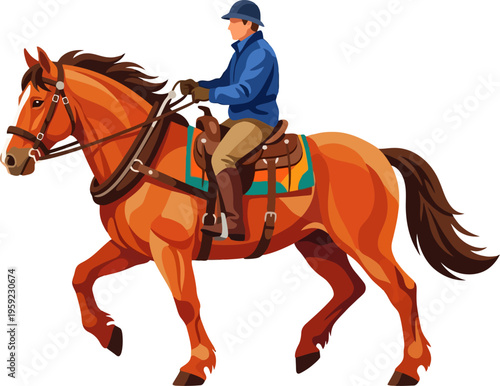 Male equestrian in blue jacket riding brown horse