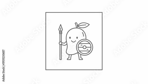 Cute Mango Warrior Character Holding Spear and Shield, Funny Fruit Mascot