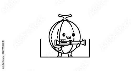 Cute Melon Character Holding a Rocket Launcher, Cartoon Style