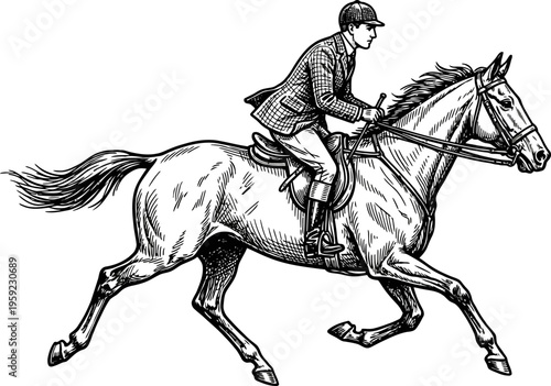 Male rider in tweed jacket trotting on stallion