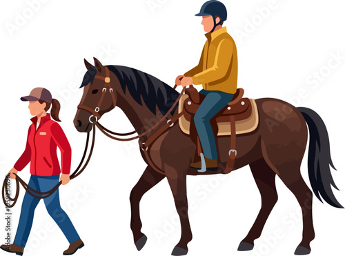 Man riding a bay horse led by a woman