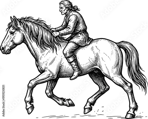 Medieval traveler riding horse in vintage woodcut style