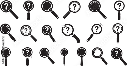 Magnifying glass icons, question mark symbols, investigation tools, search elements, vector graphics