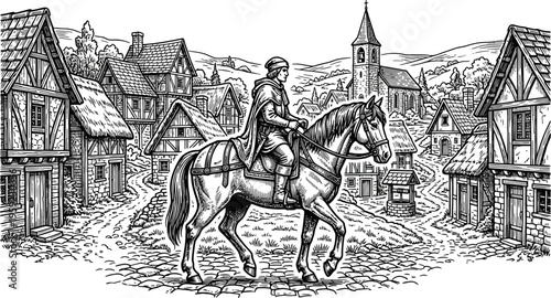 Medieval traveler riding a horse through a timber-framed village